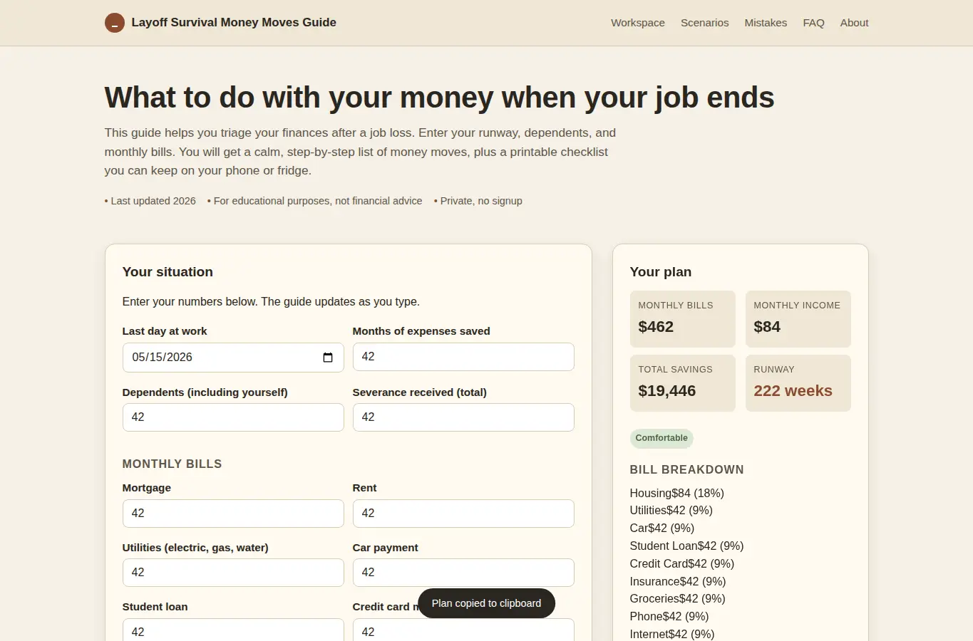 Screenshot of Layoff Survival Money Moves Guide interface showing the project page in use